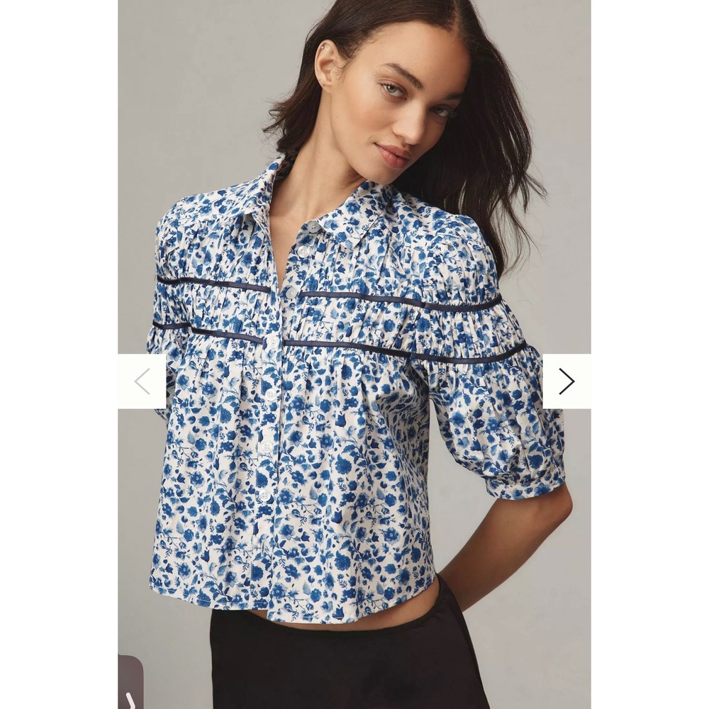 Maeve The Leandra Shirred Yoke Blouse Women S Blue Floral NWT Anthropologie